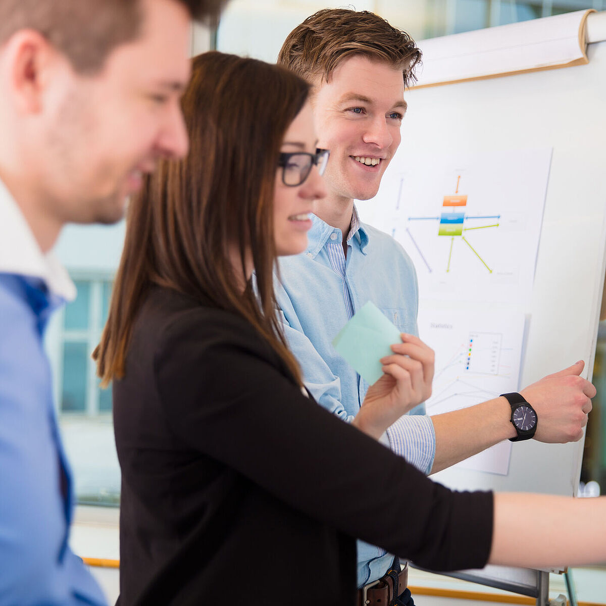 Introduction_Image Studiengang Wirtschaftsrecht Master Studierende unterhalten sich vor einem Whiteboard